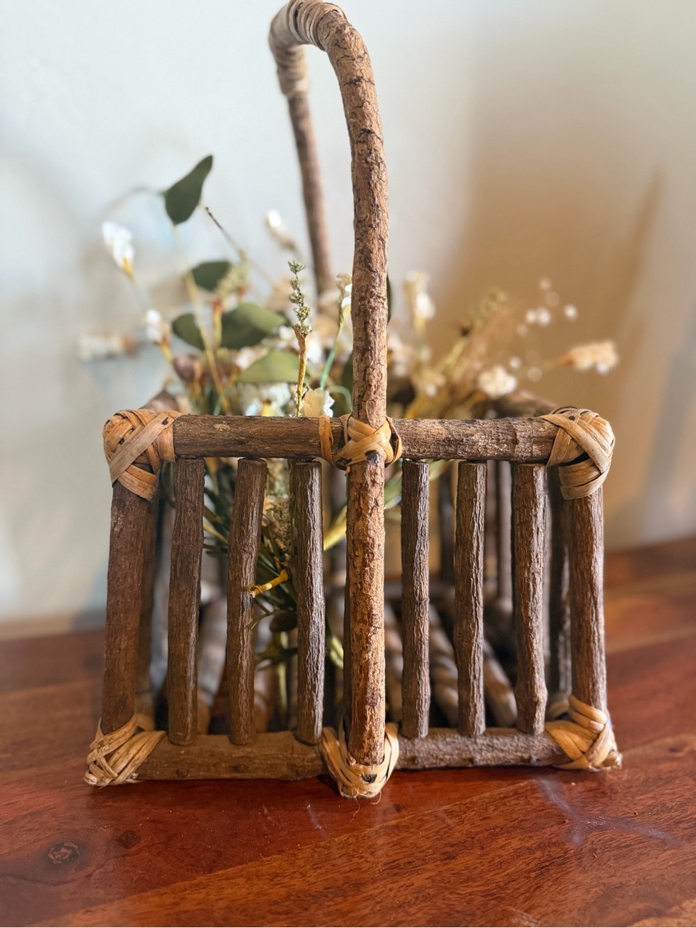 Rustic Handmade Twig Basket Cottagecore Farmhouse Cabin Whimsical Decor
